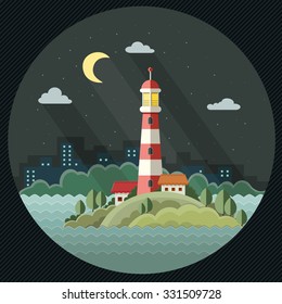 Night landscape. The lighthouse on the background of the city. Flat design style vector illustration.