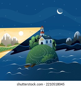  Night landscape with a lighthouse on the sea and a starry sky, vector, seascape, the lighthouse glows at night ,a house with a lighthouse, an island in the sea