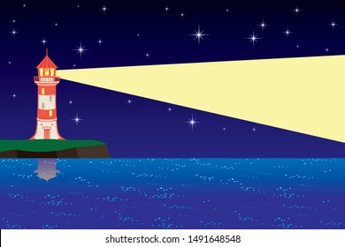 Night landscape with a lighthouse on the shore and the blue sea.