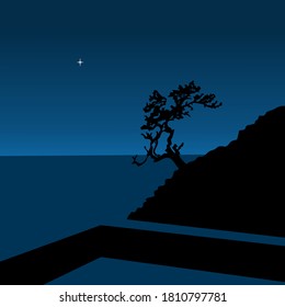 Night landscape. A lone tree on a mountainside and a star in the sky. Background illustration