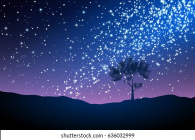 Night Landscape With Lonely Tree Under The Stars. Milky Way. Desert Night. Beautiful Night Sky With Stars. Vector Illustration. EPS 10.