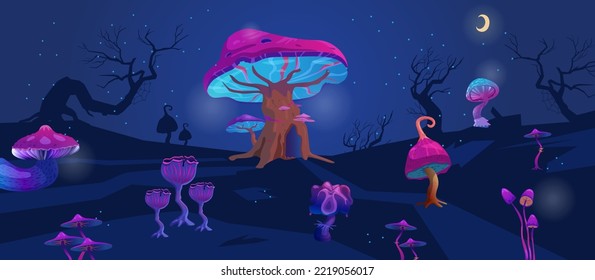 Night landscape with magic glowing mushrooms cartoon vector illustration. Gaming background. 