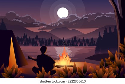 night landscape with a man camping at lake. vector nature illustration