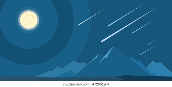 Night landscape with meteor shower