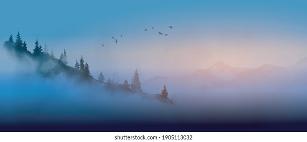 Night landscape with misty mountains. Traditional oriental ink painting sumi-e, u-sin, go-hua. 