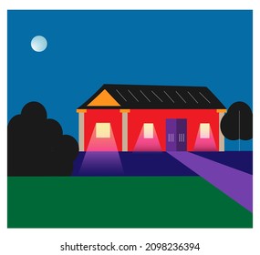Paisaje nocturno con una casa moderna. Diseño plano. Estilo mínimo con espacio de copia.