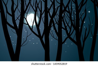 night landscape with moon behind leafless trees