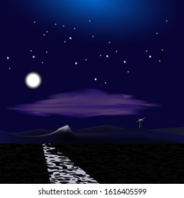 Night landscape with the moon and clouds, with highlights on the water and a glow on the starry sky EPS10