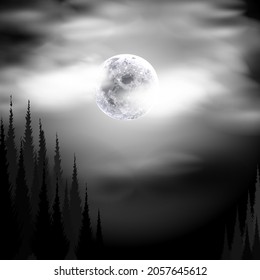 Night landscape. The moon is in the clouds at night. Vector illustration of coniferous trees on a moonlit night with a bright moon in cumulus clouds.