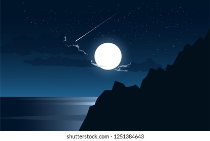 night landscape with moon and falling meteor silhouette