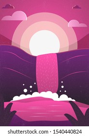 Night landscape. The moon flows into the lake. Waterfall on the background of the moon. Vector illustration