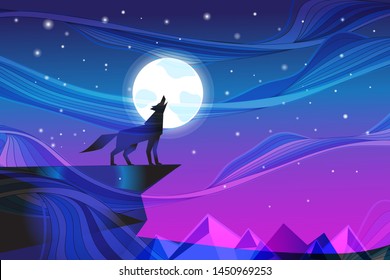 Night landscape with the moon and a howling wolf against the starry sky. Design template for poster or book cover.