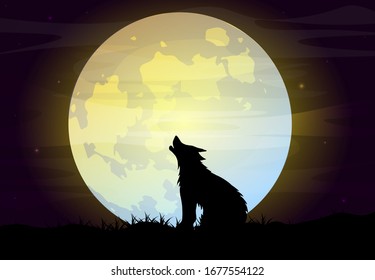 Night landscape with the moon and a howling wolf against the background of the starry sky and the huge moon. Design template for poster or book cover.