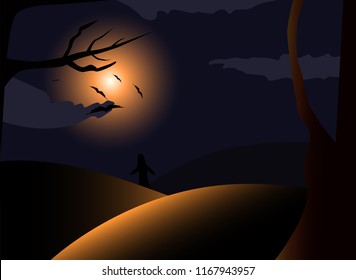 Night landscape with moon. Idea for Halloween. Scary Forest. Vector illustration