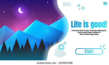 Night landscape with moon and mountains, flat cartoon style with web design. Vector illustration. Creative greeting or business card, poster, postcard, magazine, book cover. 