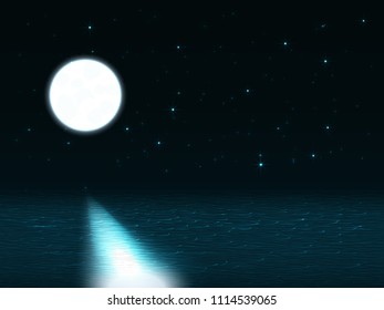 Night landscape with moon over the sea and moonlight path on the