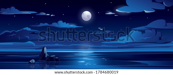 Night landscape with moon, sea or ocean, sky and\
clouds. Scenic view on midnight ocean with rock. Dark summer\
seascape. Background or backdrop for tourism or travel. Nautical\
wallpaper. Water
