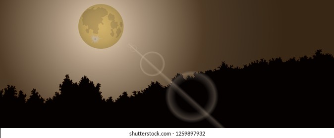 Night landscape with moon, sky and dark trees silhouettes. Vector illustration in flat style for design projects in nature, environment or tourism theme.