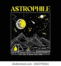 night landscape with moon, star, mountain, saturn t-shirt vector design with text "astrophile". streetwear and Urban style on black background