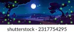 Night landscape with moon in starry sky and fireflies cartoon vector background scene. Nighttime beach illustration with path to sea and skyline. Romantic moonlight reflection in dark ocean horizon
