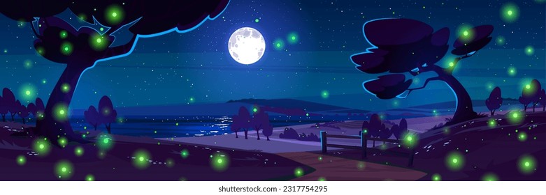 Night landscape with moon in starry sky and fireflies cartoon vector background scene. Nighttime beach illustration with path to sea and skyline. Romantic moonlight reflection in dark ocean horizon