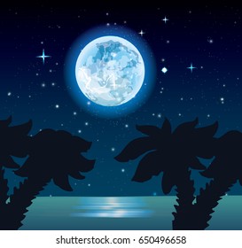 night landscape moon starry sky silhouettes of palm trees,light ,moon path