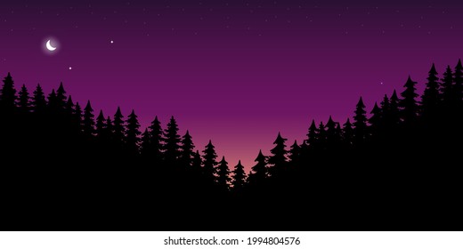 night landscape with moon. stars and silhouette of pine trees. Vector night landscape. Stars, moon, panorama, gloomy forest. moon above silhouettes of trees at night. 