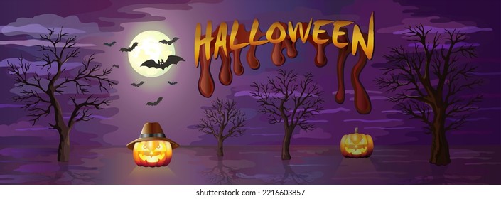 A night landscape with a moon, trees, two pumpkins and the inscription HALLOWEEN on a purple background. Black humor. October 31st. The screensaver. Pictures about Halloween. Vector illustration.