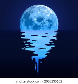 Night landscape. Moonlight path. Vector illustration of a realistic bright moon with the glare of a lunar path on dark water.