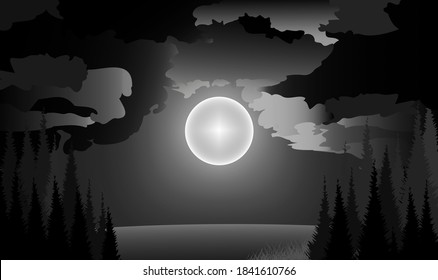 Night landscape. Moonlit night before a thunderstorm in a pine forest. Vector illustration in black tones.
