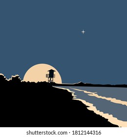 Night landscape. Moonrise on the sea. Background illustration