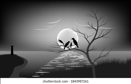 Night landscape. Moonwalk. Birds. Vector illustration in black and white with moonlight on the water.