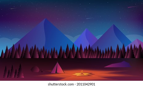 Night landscape mountain gradient in beautiful flat style. Travel, hiking purposes. Dark background. Gradient modern backdrop. Summer vector, beautiful illustration. Fiery bright light