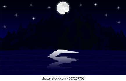 night landscape mountain lake in the moonlight