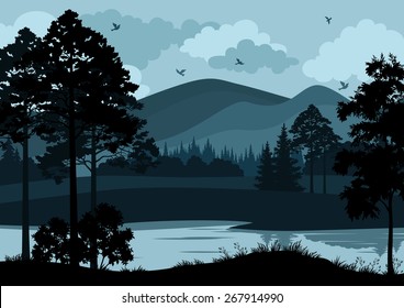 Night Landscape, Mountain Lake, Trees and Cloudy Sky with Birds. Vector