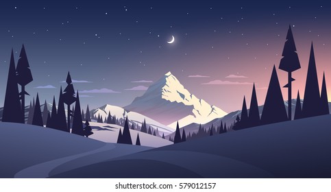 Night Landscape With Mountain And Moon