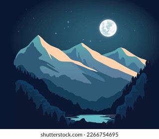 Night Landscape with Mountain and Moon and Stars. Valley. Vector illustration.