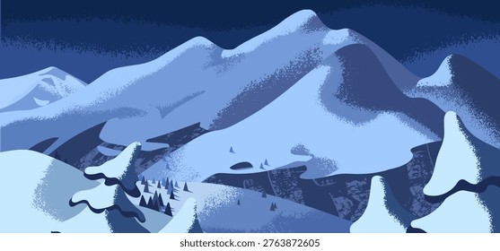 Night landscape of mountain peak with trees under white snow. Winter scenery of rocks with snowy tops and downhills. Alpine range nature with snowdrifts on slopes and pines. Flat vector illustration