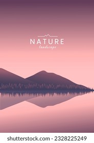 Night landscape. Mountain peaks are reflected in the water. Sunset. Mountain tourism, hiking in the mountains, rest by the river. Design of a poster, background, web page, banner. Vector image.