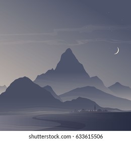 Night landscape with Mountain Peaks. Vector illustration of mountain ridges. Smoky Mountains. Road to the mountains. The town at the foot of the mountain.