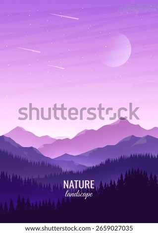Night landscape. Mountain ranges and hills with forest on a background of colorful sky. Evening twilight. Concept of tourism, hiking, walking. Vector illustration. Not generated AI.