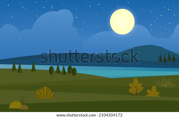 Night landscape with mountain river forest\
illustration. Disc of moon illuminates green valley with trees\
mountain ranges meditative panorama natural landscape with water\
surface. Stage flat\
vector.