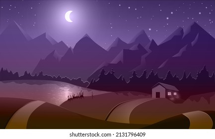 night landscape with mountain, river or lake, pathway and house. cartoon flat beautiful scene with moonlight. Hut by the river in front of rocky mountains. House on shore of clean mountain lake.