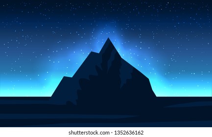 Night landscape mountain with star and aurora. vector illustration.