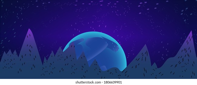 Night landscape with mountains in the background and fantastic planet with reflections of other stars from space.