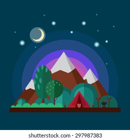 Night landscape with mountains. Camping tent. Vector flat illustration.