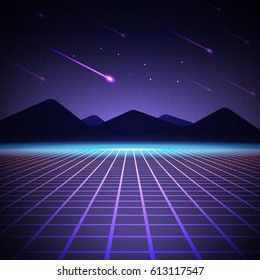 Night landscape with mountains and falling meteors. Vector illustration. Background in style arcades the 80s.