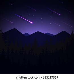 Night landscape with mountains and falling meteors. Vector illustration. Background in style arcades the 80s.