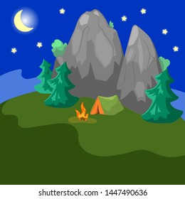 Night landscape with mountains, fir trees and tent. Campsite by night. One tent on wild nature. Camping tent with fireplace. Summer travel outdoors. Moon and stars on dark sky. Grey rocks and firtrees