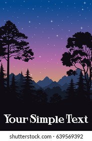 Night Landscape, Mountains and Forest, Fir, Pine, Maple Black Silhouettes and Sky with Stars. Vector